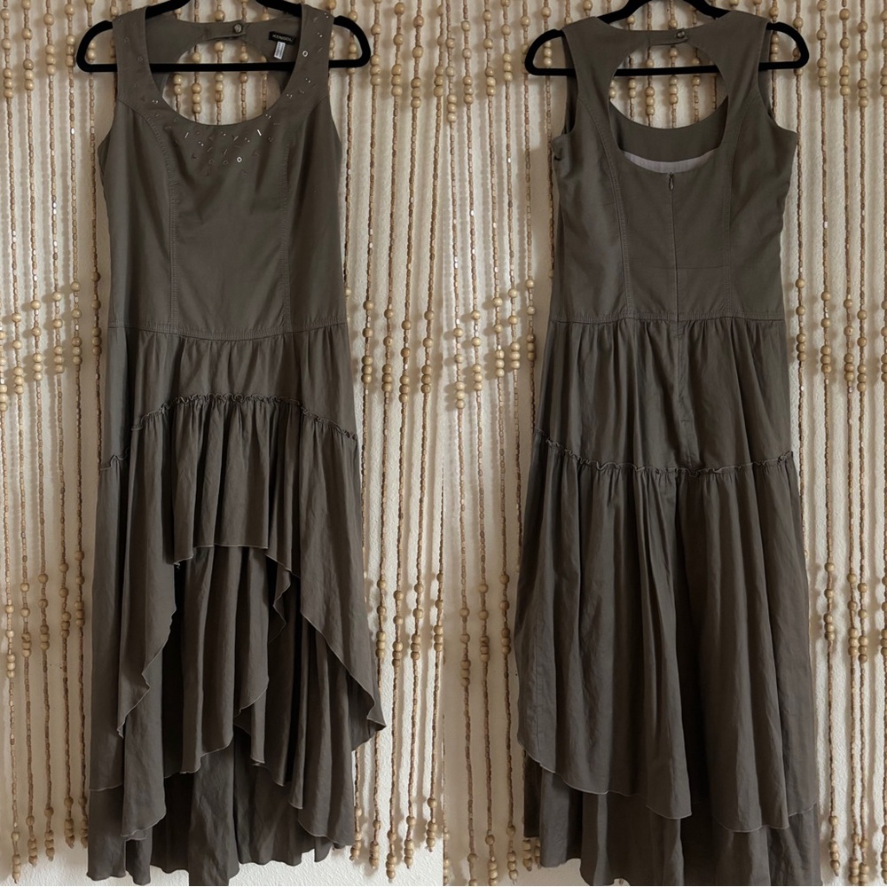Y2K Hi Lo Ruffle Hem Studded Taupe Boho Grunge Fairy Whimsy Sleeveless Dress